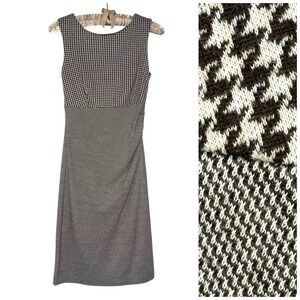 MNG Mango Wool Dress XS Pencil Sheath Knee Length Brown Dogstooth‎ Ruched Career